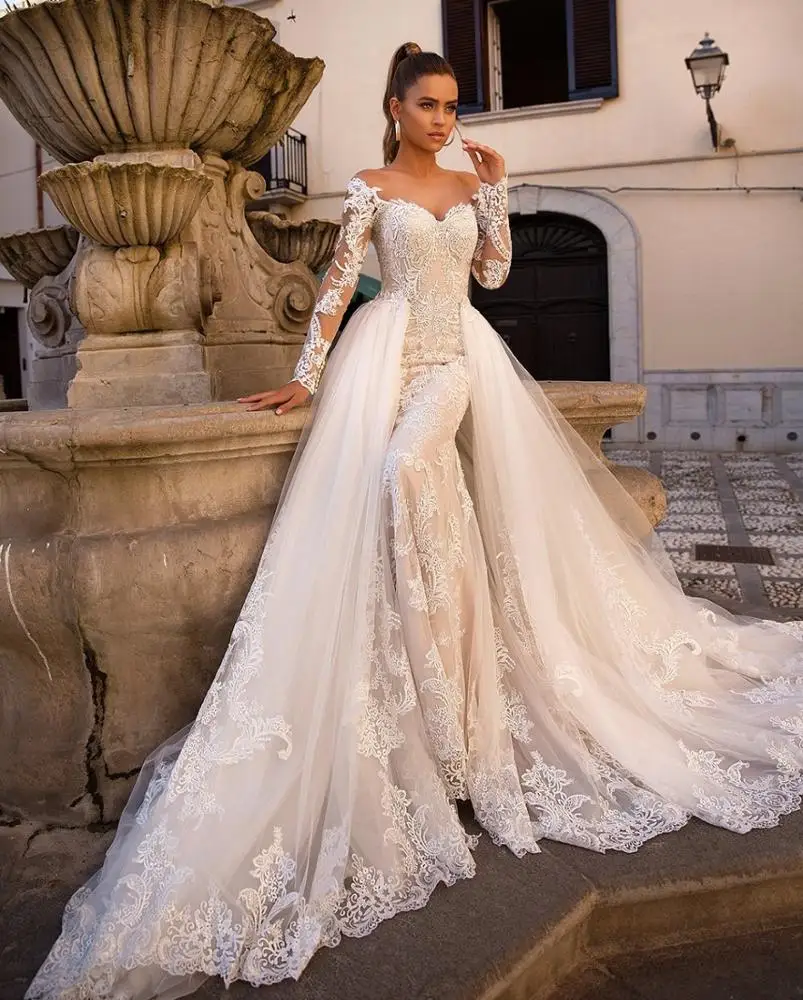 Full Lace Long Mermaid Wedding Dresses Off Shoulder Detachable Train Bridal Gown 