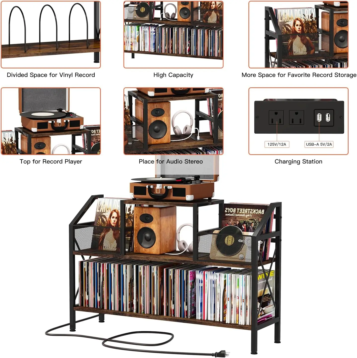 Large Record Player Stand Table with Storage Cabinet for 500 Albums Patented Vinyl Turntable Stand & Holder