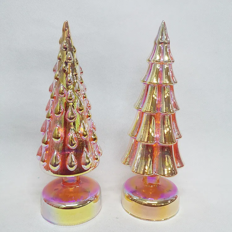 Vintage modern tabletop pre lit led lighted up mini green hand blown glass christmas tree decorative figurine set with lights details