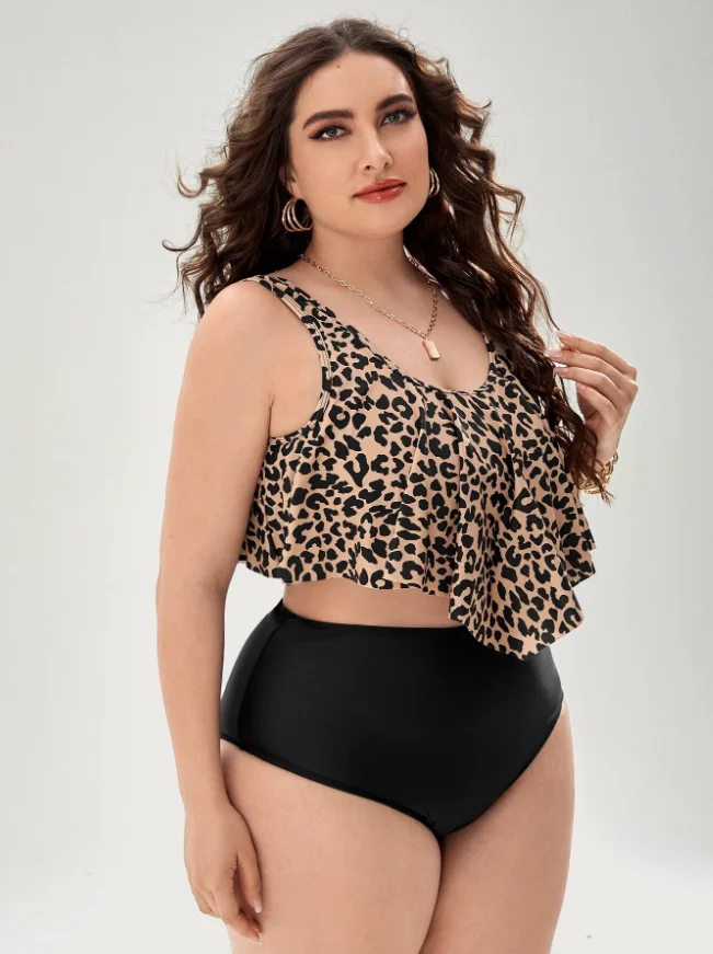 Eco Friendly Recycled Nylon Swimwear Plus Size Women Leopard Printed Ruffle Top High Waist Bottom Bathing Suit