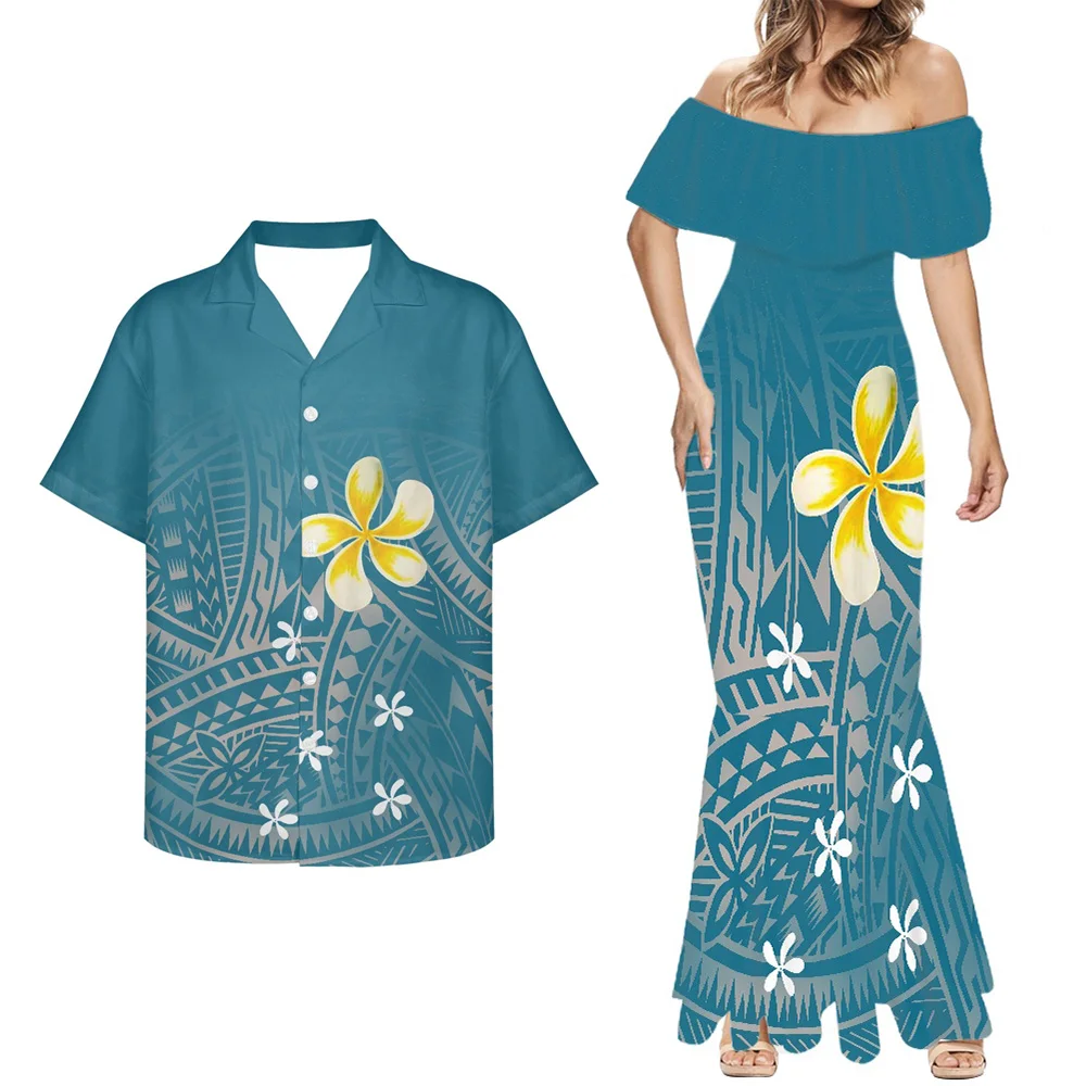 Yellow Polynesian Tribal Pattern Plus Size Women Clothing 7XL Custom Samoan Fiji Couple Clothes 2pcs Men Shirt and Mermaid Dress
