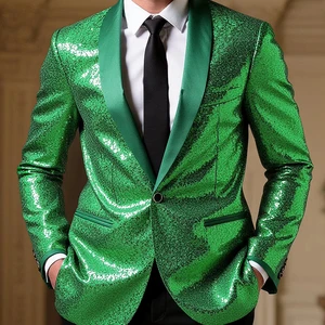 Men's Long Performance Banquet Dress V-neck Anti-Shrink Single Breasted Closure Flat Front New Sequin Suit Jacket Cross-Border