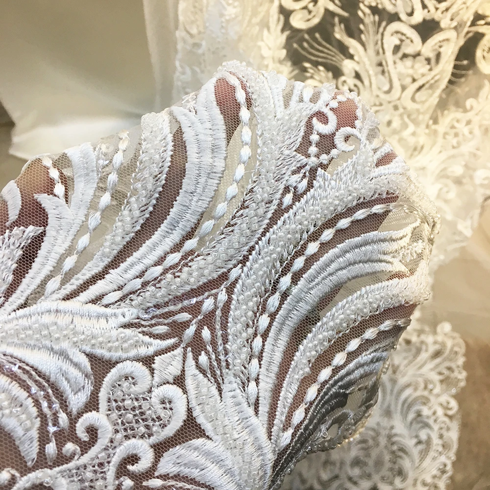 High Quality Heavy Beaded Ivory Lace Fabric Embroidered African Tulle Net  Lace Fabric for Wedding Dresses