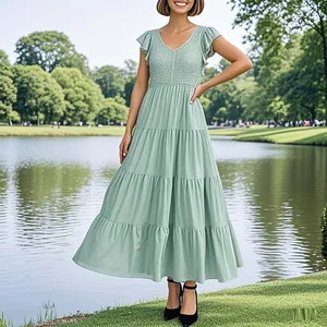 Women's Summer Flowy Tiered Maxi Dress Casual Cap Sleeve V Neck Beach Sundress Empire Waistline Front Solid Dresses for Summer