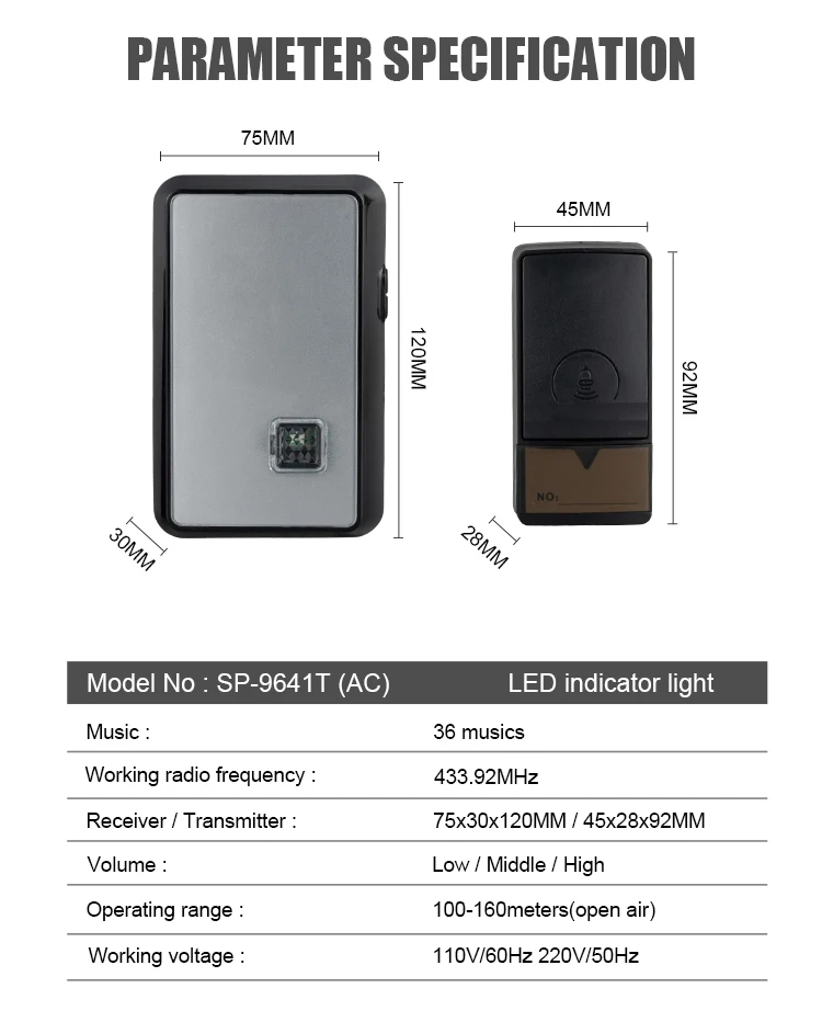 Self-powered Battery Free Wireless Doorbell 36 Musics Ac Plug In 110v ...