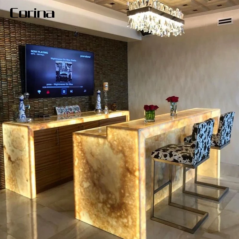 Custom Co Rian Translucent Onyx Marble Stone Illuminated bar Luminous bar Western Style bar Counters Design
