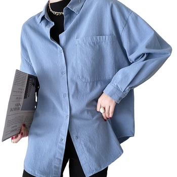 2022 Hot Sale Women Autumn Shirt Solid Color Long Sleeve Cotton Polo Blouses Korean Style Office Lady Shirts