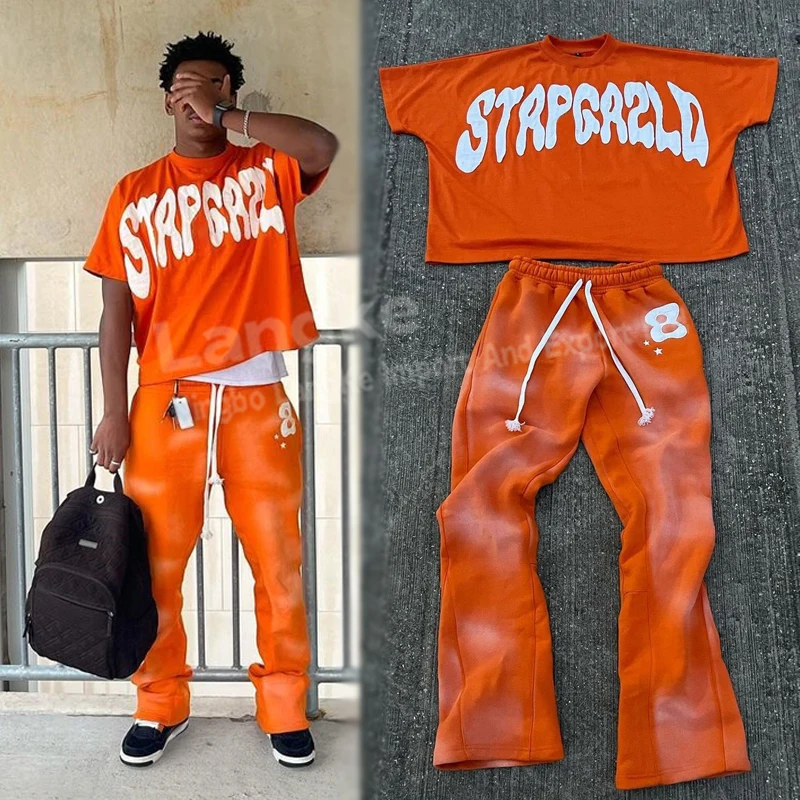 Acid Wash Sweat Suit Jogger Tracksuit Short Sleeve Cropped Boxy Custom Patch 2 Piece T Shirt and Pants Set Men Track Suit