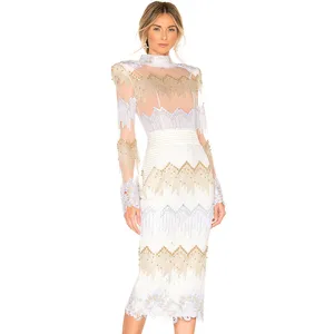 Plus Size Luxury Beading Women Fashion Dress Long Sleeve Midi Length Lace Dress Spring Wear