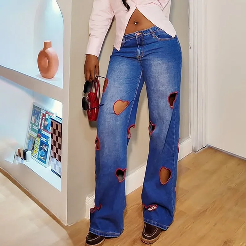 New Design Cut Out Heart Shape Boot Cut High Waist Denim