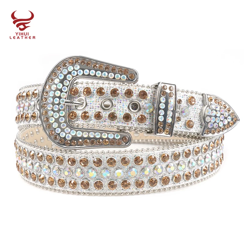 Factory Wholesale New Original Style Western Shinning Studded Rhinestone  Belt Cowboy Bling Bling White BB Simon Belt
