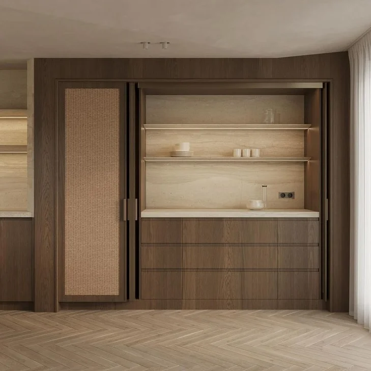 Vermonhouzz European Modern Design Style Custom Luxury Light Brown Cupboards Kitchen Cabinets and Glass Showcase