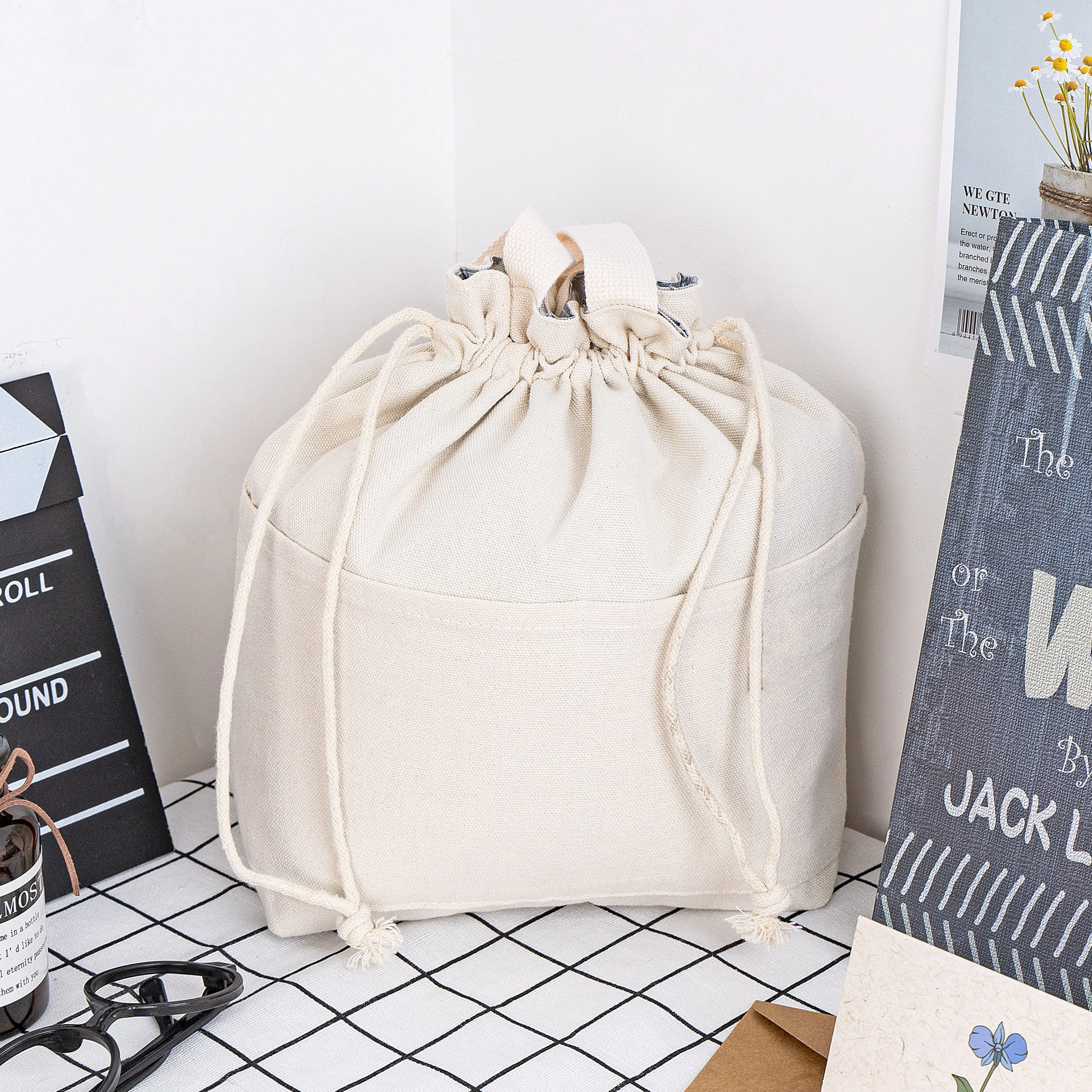 Custom Logo Drawstring Lunch Insulated Cooler Bag Cotton Cooler Tote Bag