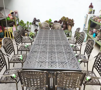 Patio Furniture Garden Sets Cast Aluminum metal long table&chair Dining Set modern big size rectangle table mesh family party
