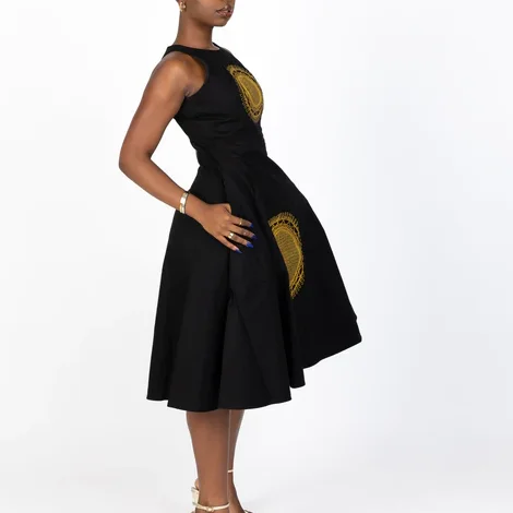 Dashiki Embroidery Women Dress Gold Embroidery Black Sleeveless Dress  African Print Silk Round Neckline Dress for Party