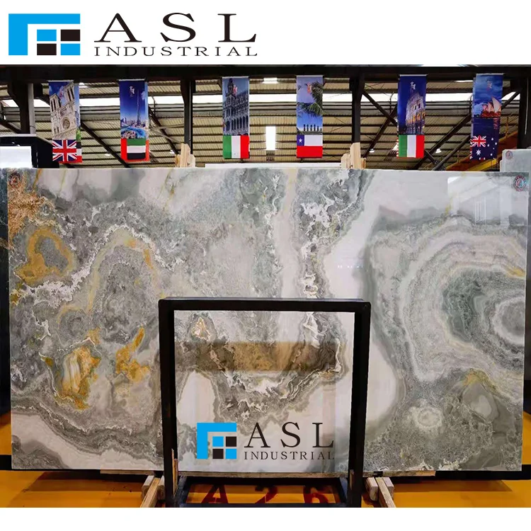 Highly polished blue onyx stone green tiles gold royal onyx panel onice marble kwartsiet floor blue ice onyx panel