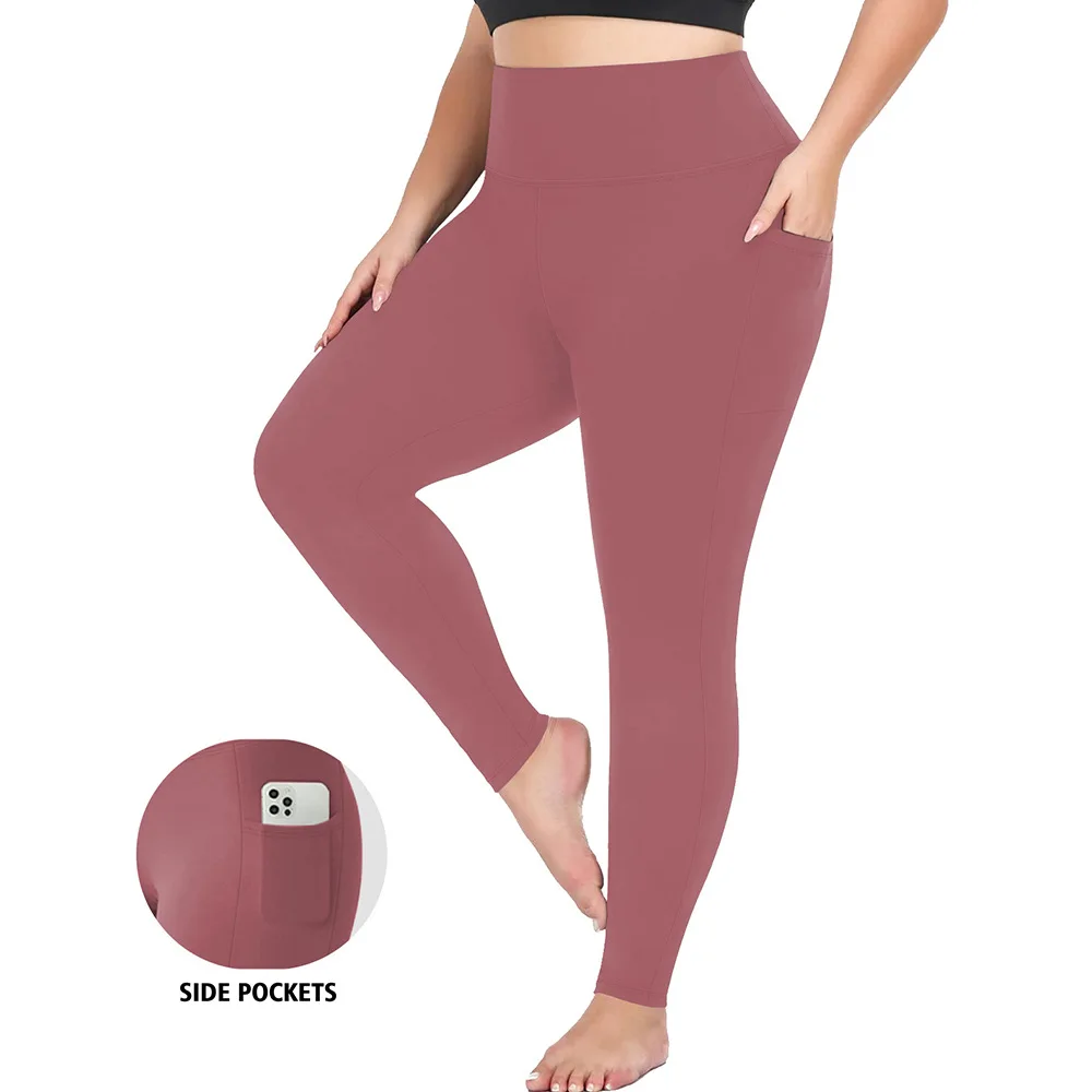 Plus Size Solid Yoga Pants Spandex/Nylon Elastic Waist Four-Way Stretch Pocket Style Hig preview