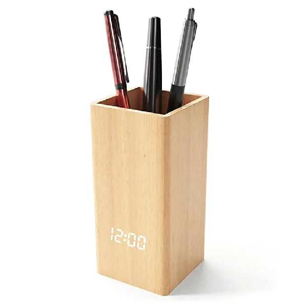 Wooden Desk Organizer Clock Pencil Holder Office Digital Clock Pen