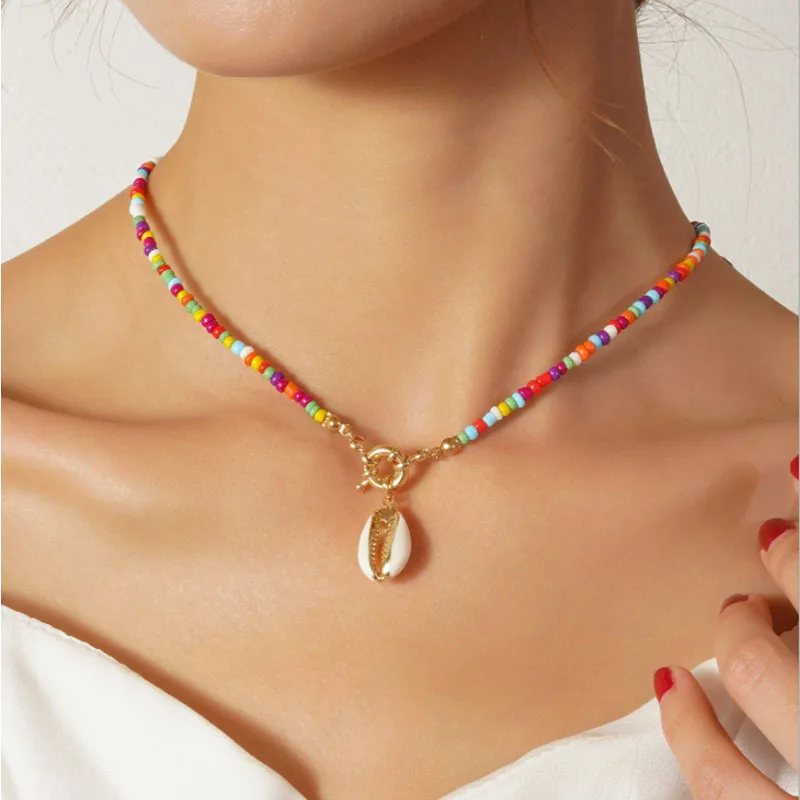 Zinc Alloy Shell Charm Bohemian Colorful Seed Bead Choker Necklace for Women Jewelry