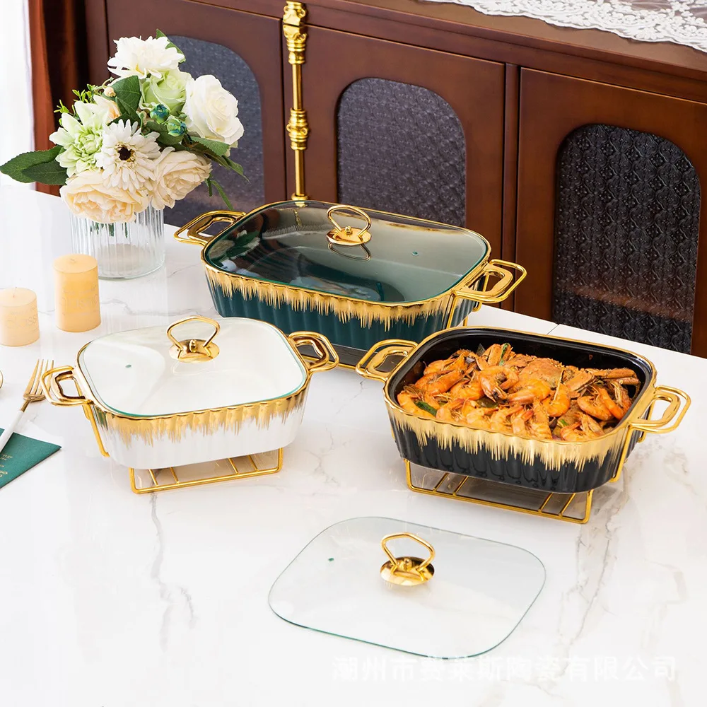 Factory Custom 11/13/15 Inch Gold Oval Shape Casserole Marble Ceramic Buffet Soup Pot With Iron Stand With Glass Lid