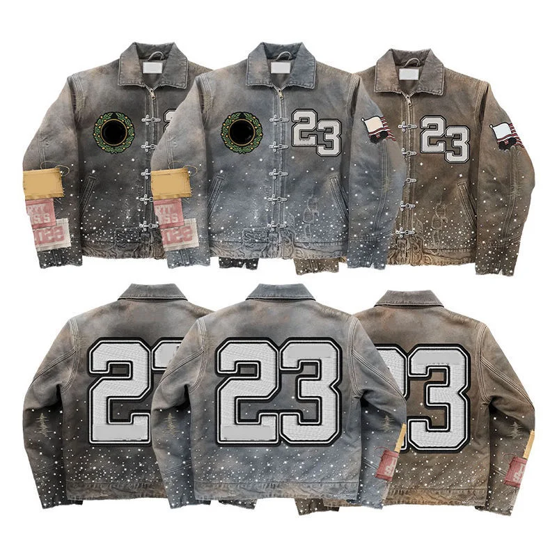 OEM Custom Patch Embroidery logo Men's Distressed Ripped Denim Thick Cotton Twill Canvas Jacket Men Customizable Vintage Wash
