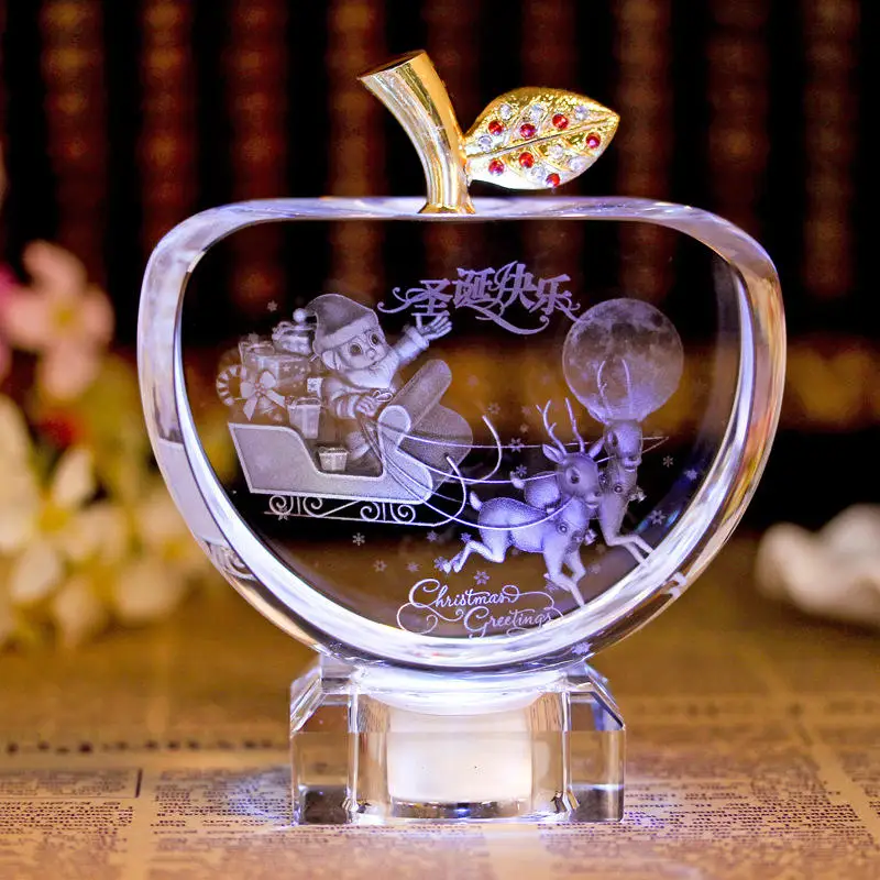 Small Bridge Hot Sale 3D Laser Engraved Souvenirs Love Angel Themes Crystal Glass Apple for Christmas Gifts Home Decor