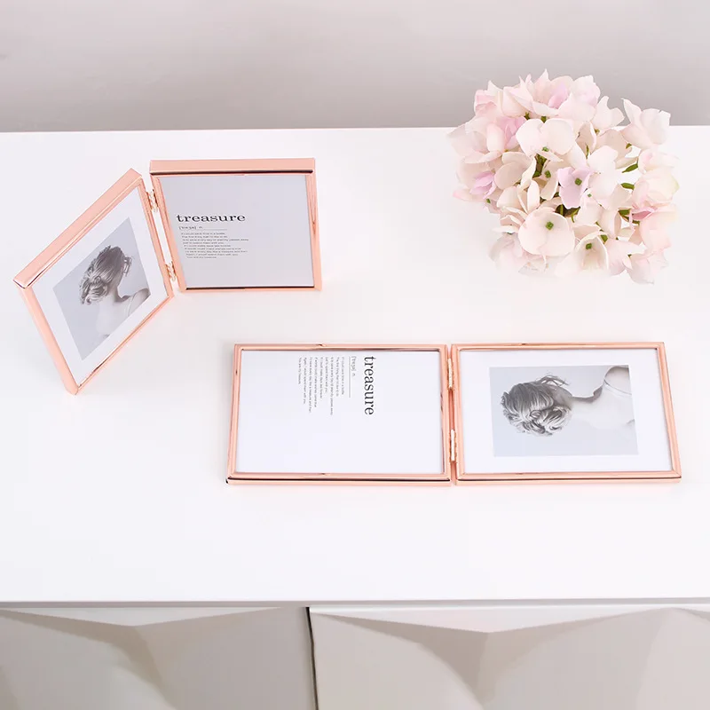 Customized Side by Side Desktop Table Display Glass Hinged Metal Folding Picture Photo Frames