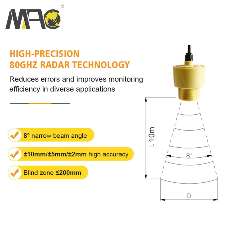 China 80g Intelligent 80ghz Radar Slurry Bulk Silo Liquid Water Non Contact Level Transmitter Sensor