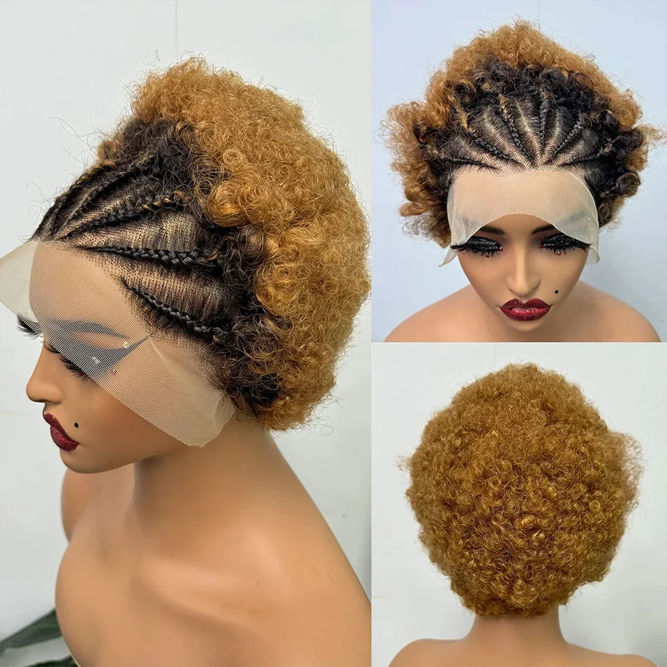 220 Density Afro Kinky Curly 13x4 Lace Front Braided Human Hair Wigs Short Curly Wig Women Explosive Head Baby Hair_voghion.com