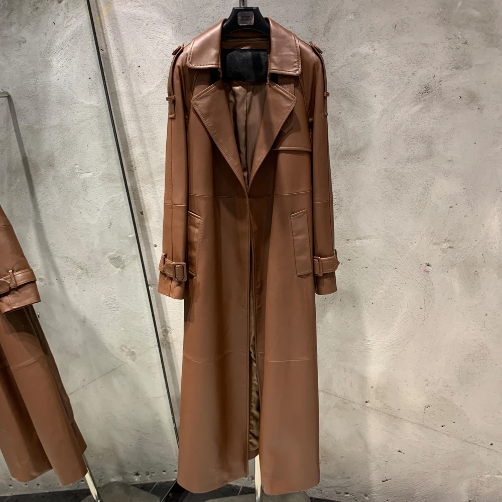Brown Leather Long Trench Coat for Women - Genuine Sheep Skin