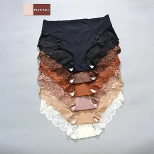 6 Pieces Women's Large Size Boyshort Underwear Solid Fabric Lace Sexy Bottoms Elastic Comfortable Anti-Bacterial Mid-Rise