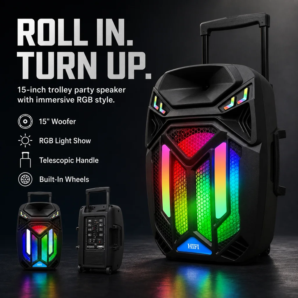 15 Inch Trolley Karaoke Party Speaker with Two Wireless Microphones 2400mAh Battery and Color Lights