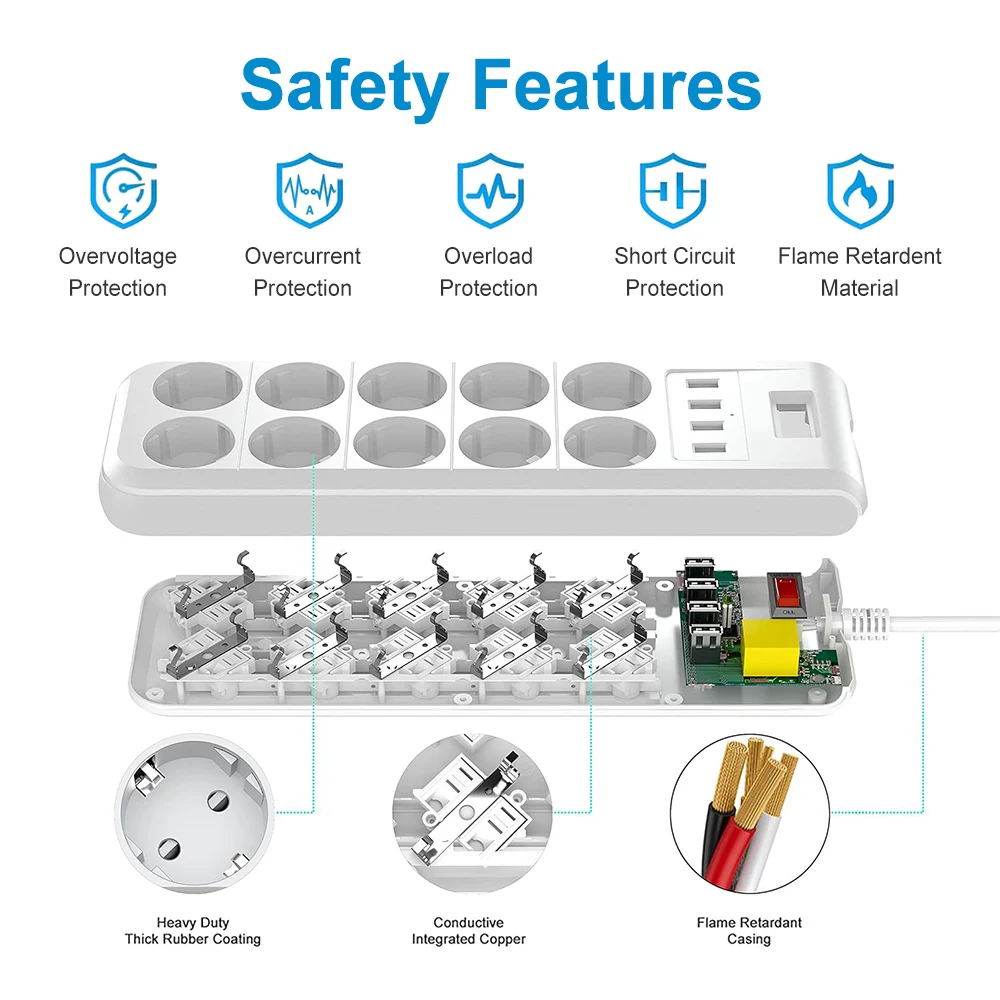 10 AC Sockets Electric Plug Multiplier 4 Usb Charging Ports Outlet Extender 6ft 8 White Power Extension Cord 10 ft Power Strip