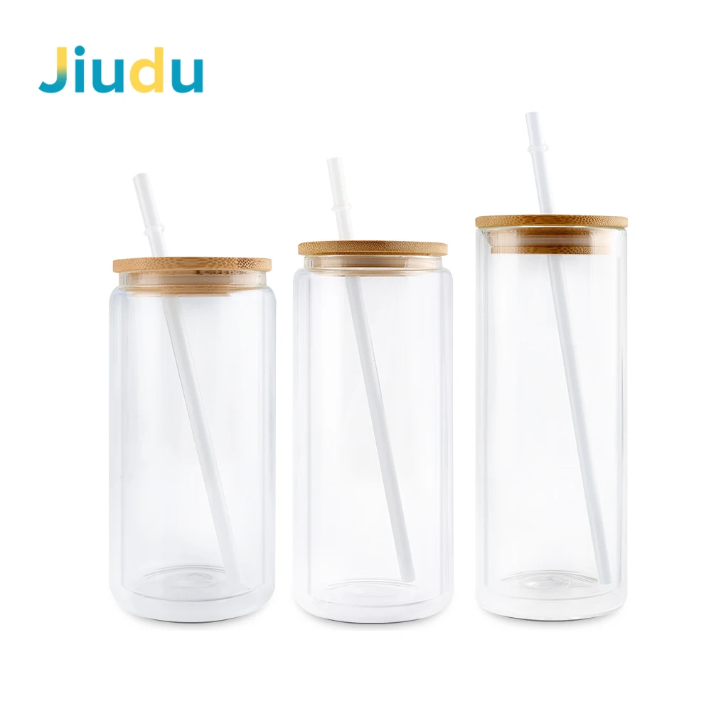 12oz Double Walled Glass Tumbler Blank Can Sublimation Bamboo Lid