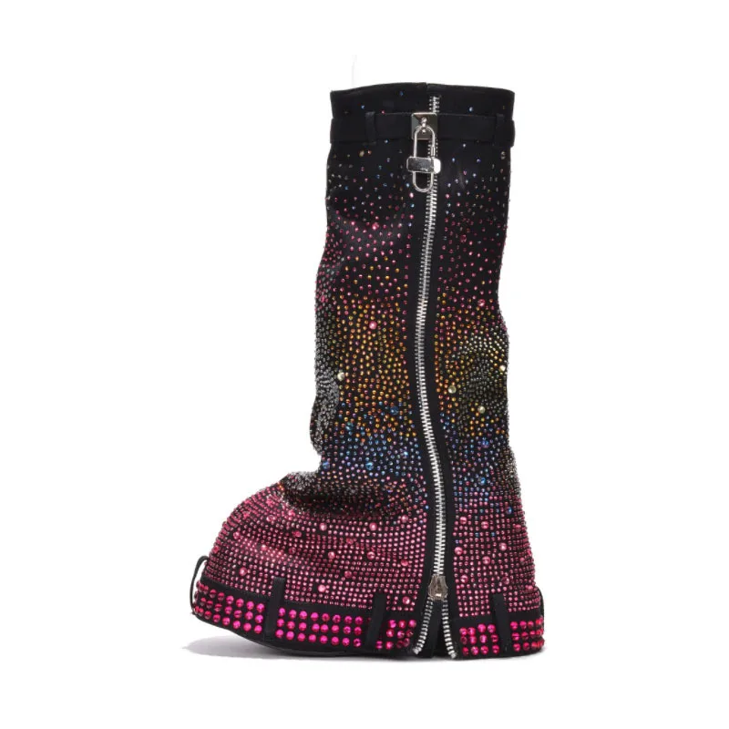 PDEP Round Toe Thick Bottom Cowboy Denim Boots Fashion Rhinestone Metal Buckle Zipper  Muffin Chunky Platform Boots Women
