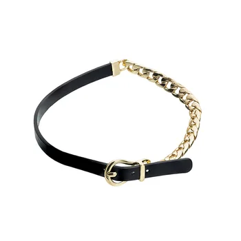 Sexy punk half gold plated cuban chain splicing black leather belt buckle double wear bracelet choker necklace for women