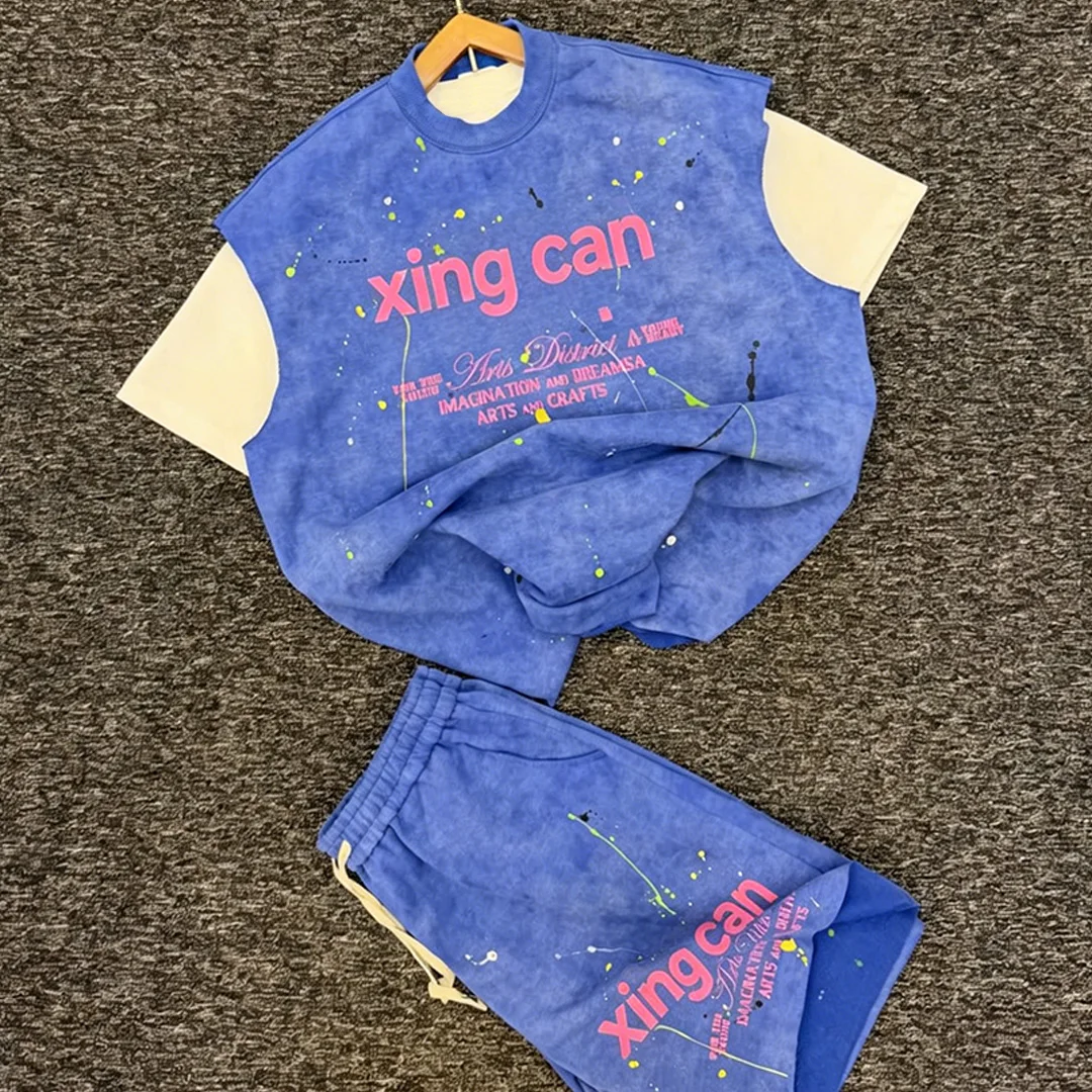 Nyt design, tilpasset vasket vintage blæksplads-T-shirt-set, DTG-digital print i tung bomuld, retro shorts med trækstrop