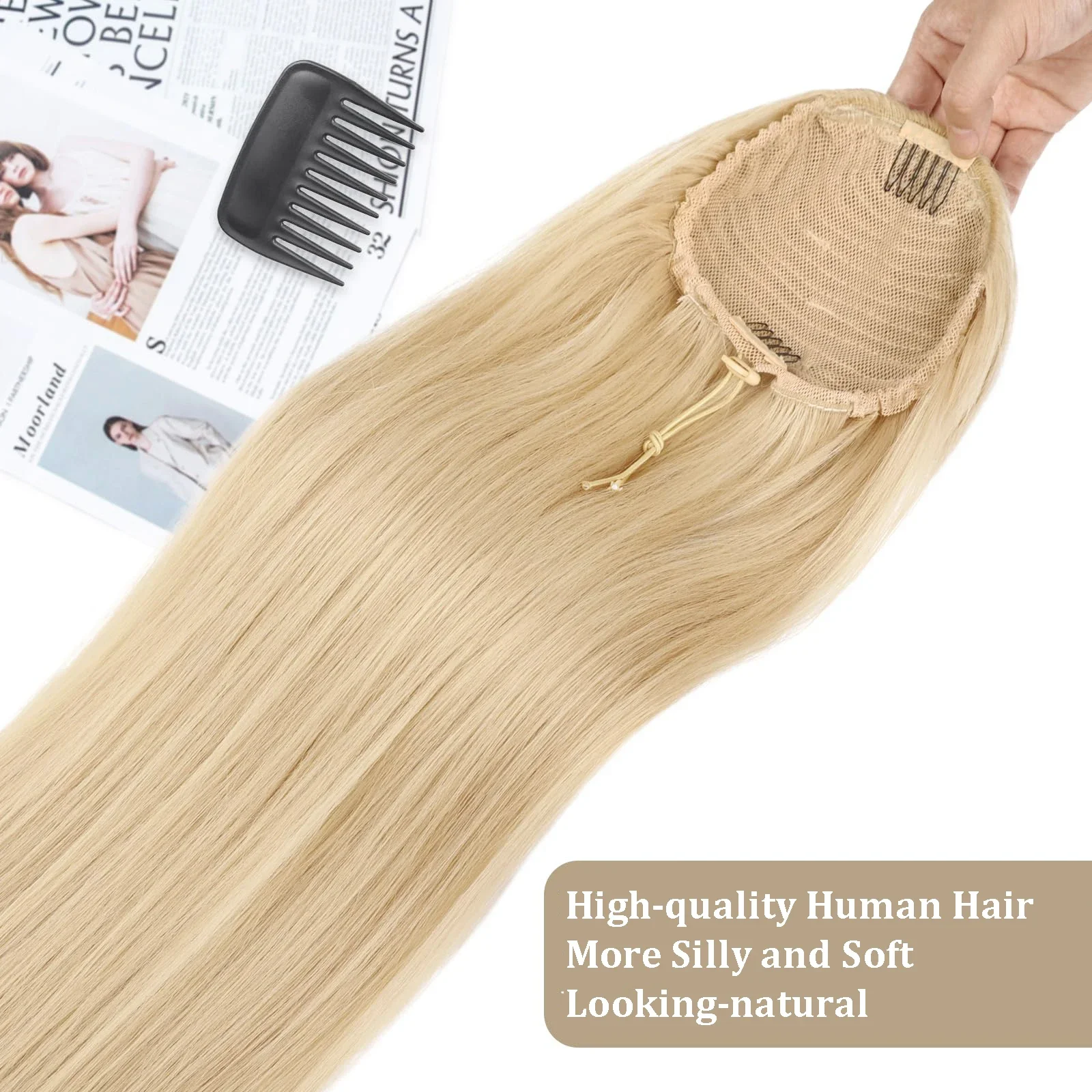 613 Pferdeschwanz-Extensions mit Kordelzug, glattes Echthaar, 16-26 Zoll, 100 g_voghion.com