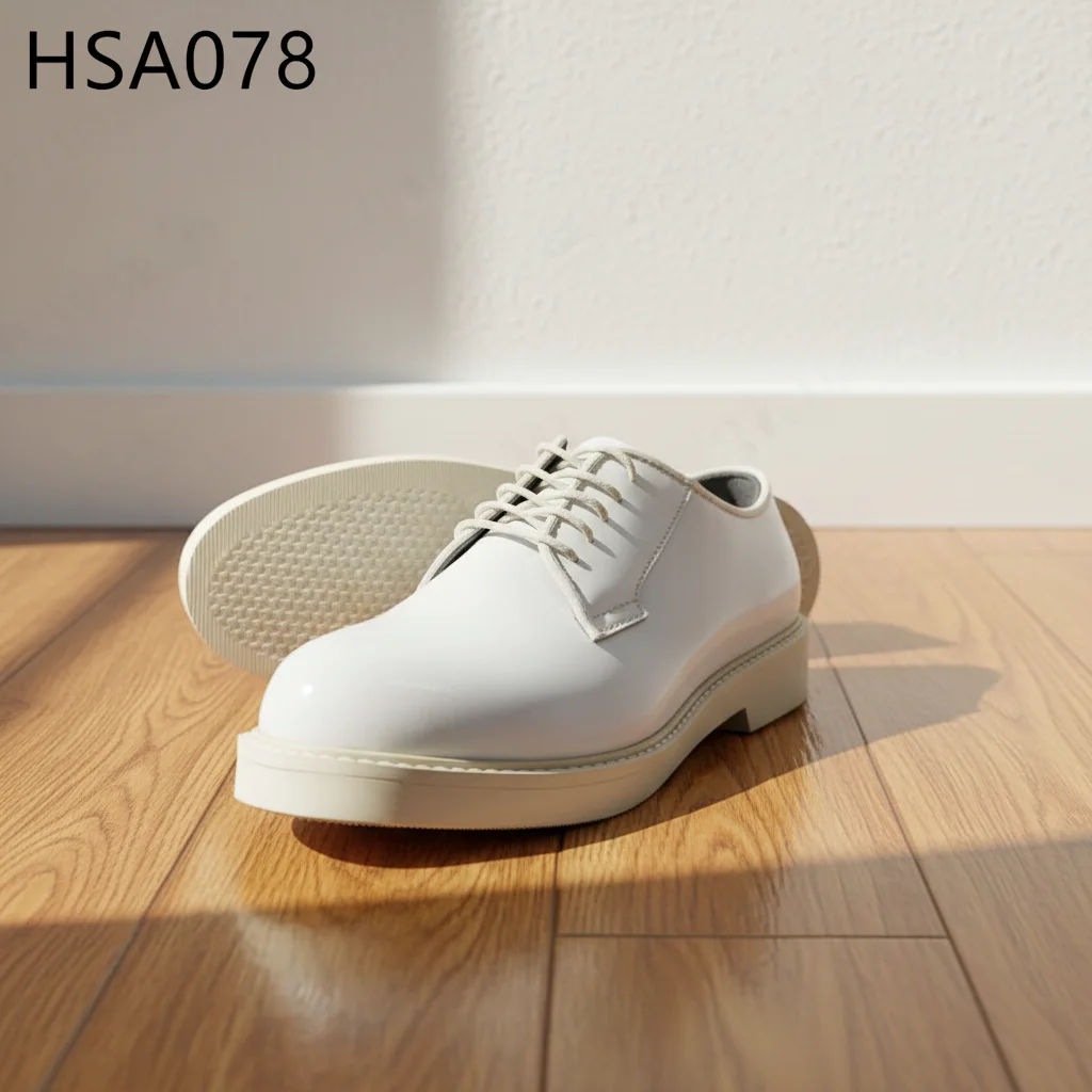 HY、ビジネス受付向け輝き／マットレザー製ホワイトユニフォームシューズ。プレミアムシリーズ限定デザイン。バハマ向けドレスシューズ HSA078