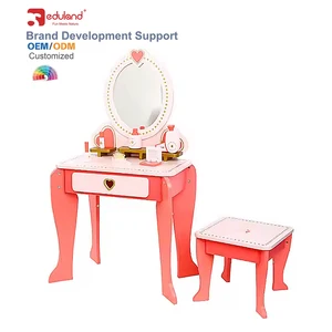 Wooden Pink Princess Dressing Table Mirror Set for Girls Kids Vanity Pretend Makeup & Fashion Play Preschool Accessory