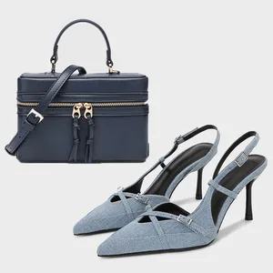 Quites Popular Denim Jean Blue Shoes and Bag Set for Ladies Party Wear Pointy Toe Rhinestone High Heels Shoes and Handbag Set