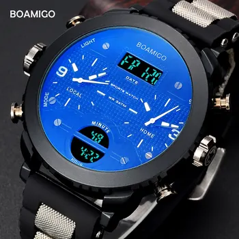 Men Watches BOAMIGO Brand 3 Time Zone Military Sports Watches Male LED Digital Quartz Wrist Watch