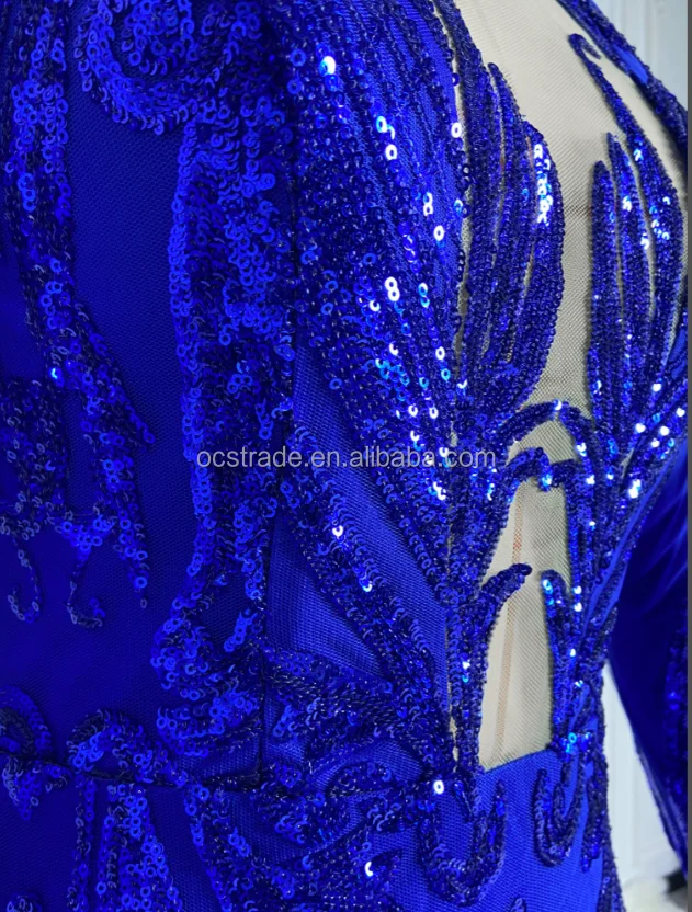 Ocstrade Sparkly Sequin Mermaid Black Girl Royal Blue Prom Dresses Long  Sleeve Sheer Plunging Neck Evening