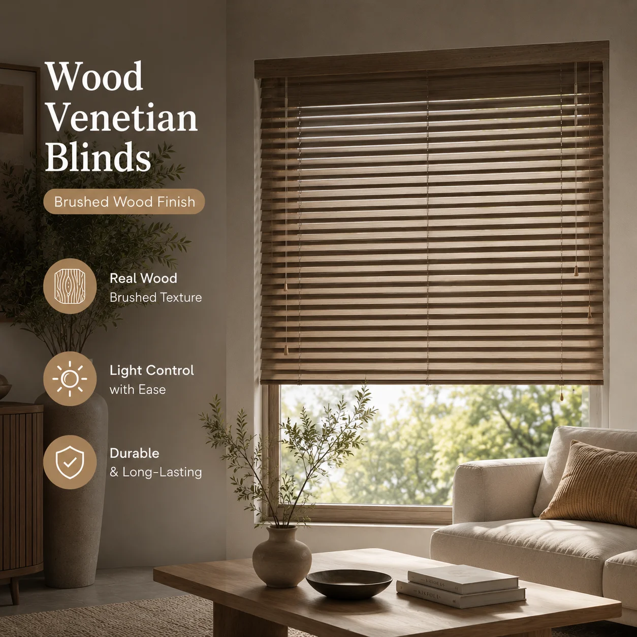 Custom Brushed Wood Venetian Blinds Real Wood Window Shades Adjustable Light Filtering Blinds