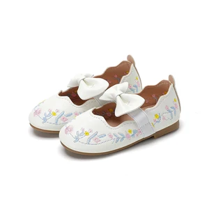 Wholesale New Pu Rubber Low Heel Striped Bowknot Shoes Girls Casual Princess Shoe for Girls