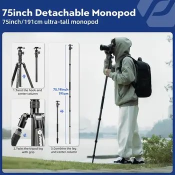Fotopro 73" Professional Carbon Fiber Compact Travel Tripod with Ball Head Camera Detachable Monopod for Shooting detail image