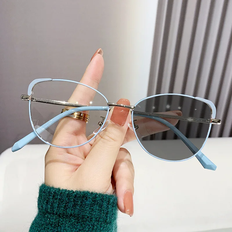 9061 Newest Cat Eye Metal Photochromic Blue Light Blocking Women Men  Prescription Myopia Anti Blue Light Optical Lenses Glasses