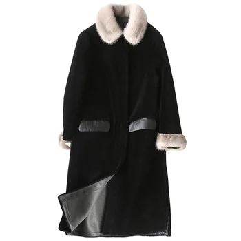 A68288 women's winter real wool fur coat with real mink fur collar girl lady female Long warm fur coats jackets overcoats