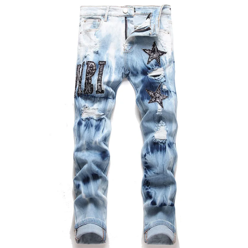 Fashion Streetwear Men Jeans Blue Color Paint Printed Jeans Men Hip Hop Pants Punk Style Jeans