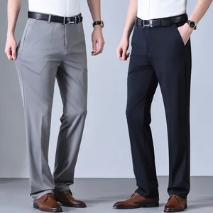 Men's Long Silk Trousers Business Casual Pants Summer Thin Straight Ice Silk Elastic Leisure Pants